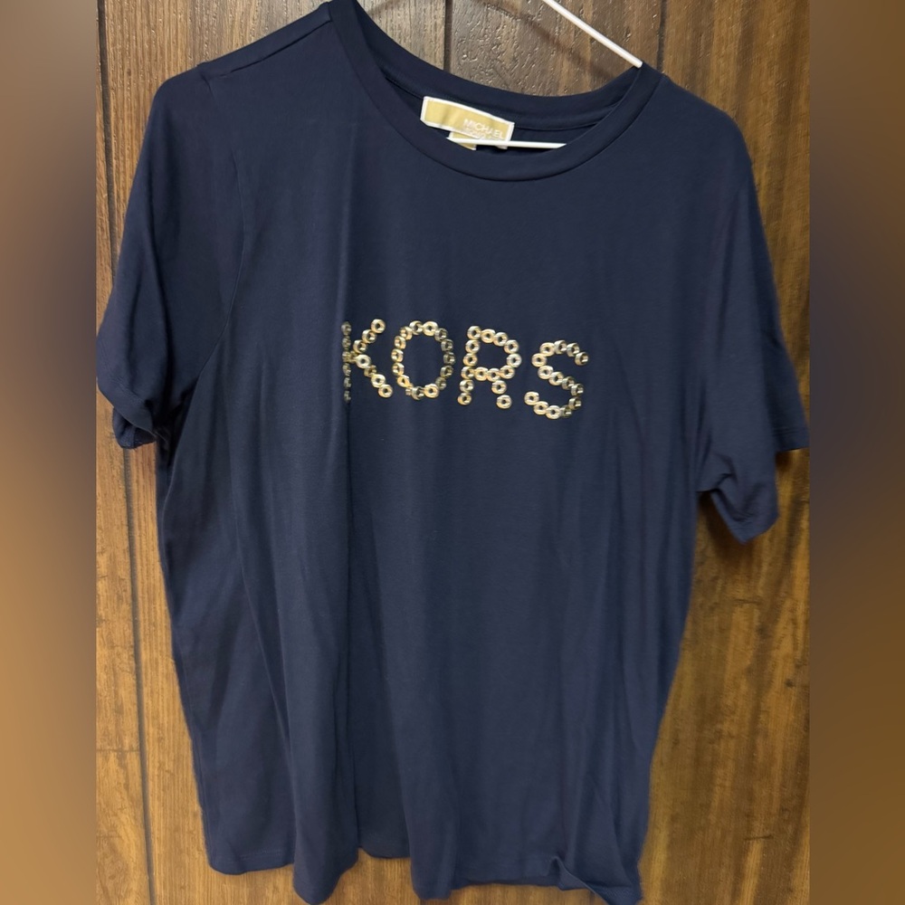 Michael Kors Navy Tee with Gold Sequin 'KORS' Logo